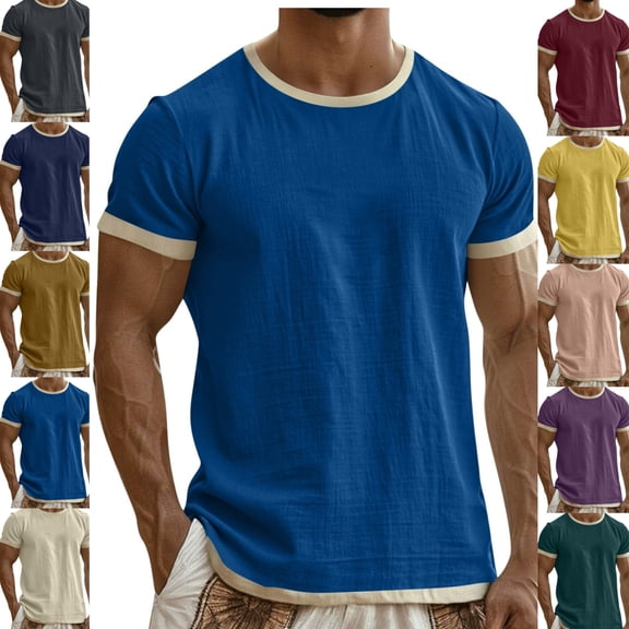 Gamivast Linen T Shirt for Men Crewneck Short Sleeve Casual Beach T Shirts for Man Loose Fit Solid Textured Breathable Linen Shirts Summer Spring Tops