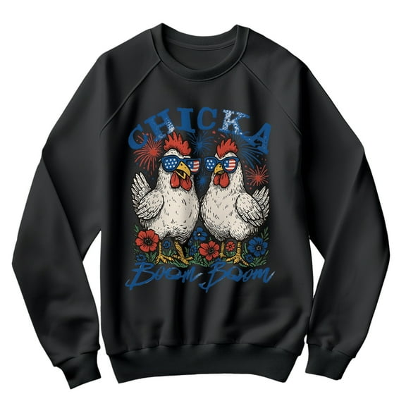 4th of July Sweatshirt - Chicka Boom Boom Funny Chicken Graphic Pullover with Fireworks & USA Glasses - Patriotic Farm Animal Shirt