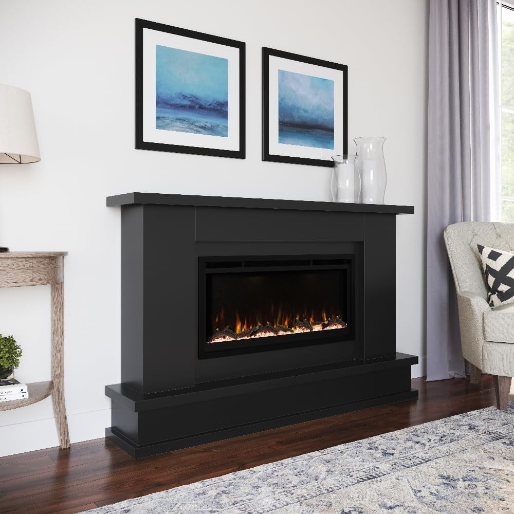 Modern Ember Patton 64" Black Mantel Electric Fireplace Package, 42" Firebox, 5 Flame Colors, 10 Ember Bed Colors, Log & Crystal Kits, Alexa/Wi-Fi Enabled