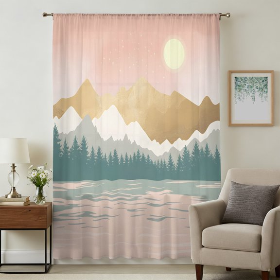 Boho Mountains Sheer Curtains 63 Inch Length for Bedroom, Abstract Gold Sun Forest Landscapae Light Filtering Privacy Drapes, Breathable Semi Sheer Window Treatment for Kitchen Dining Room Nursery