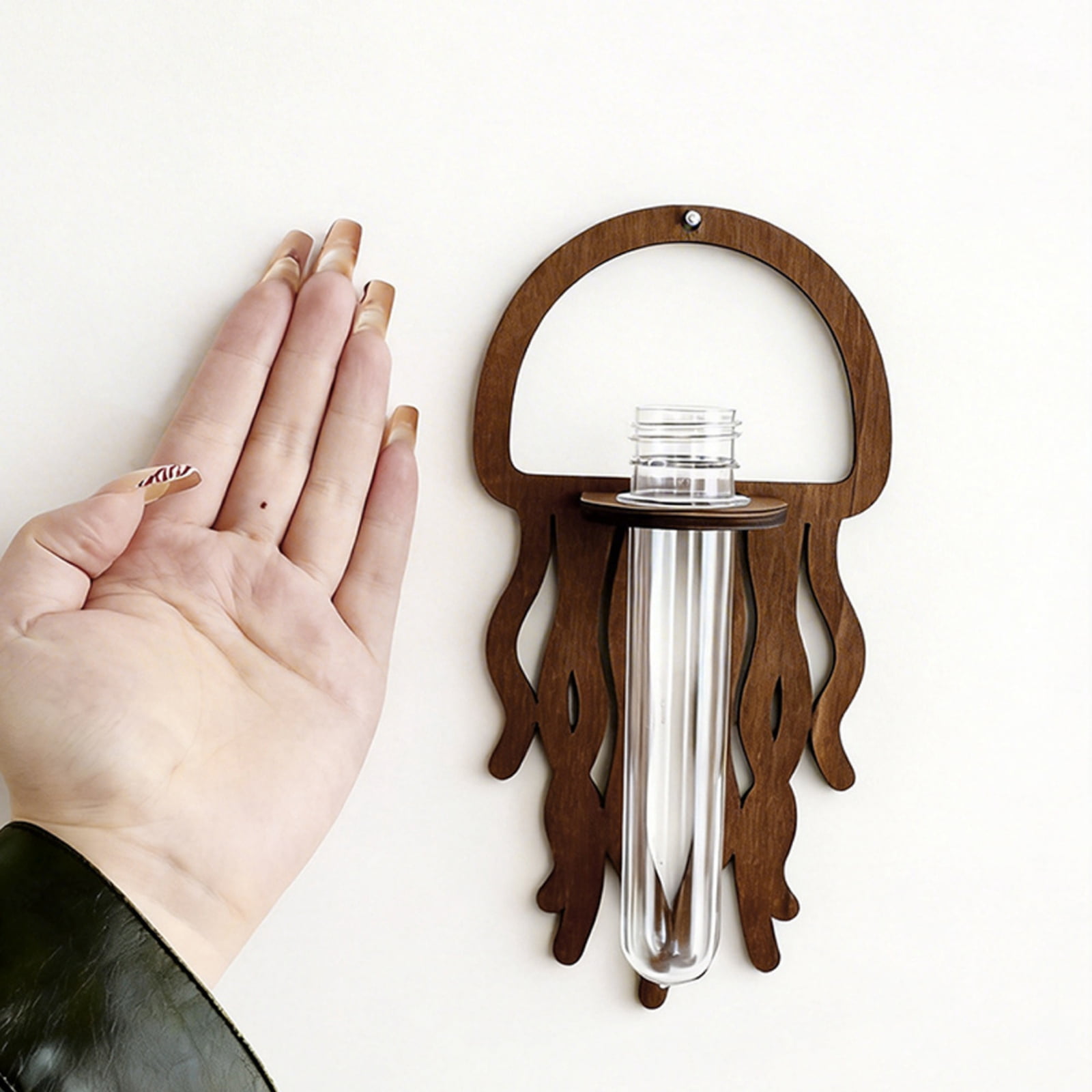 Wooden Jellyfish Shaped Wall Hanging Planter Propagation Station Glass Flower Vase for Hydroponics Plants, Bathroom, Home Office Living Room Decor Gift