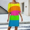 thumbnail image 2 of PLAIN SOLID NEON FLUORESCENT RAINBOW STRIPES 5 COLORS Women's Off The Shoulder Ruffles Summer Wedding Guest Loose Casual Party Beach Dress, 2 of 9