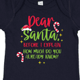 thumbnail image 4 of Inktastic Christmas Dear, Santa Before I Explain How Much Do You Know? Boys or Girls Baby Bodysuit, 4 of 5