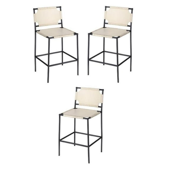 Home Square Transitional Leather Counter Stool in Off White - Set of 3