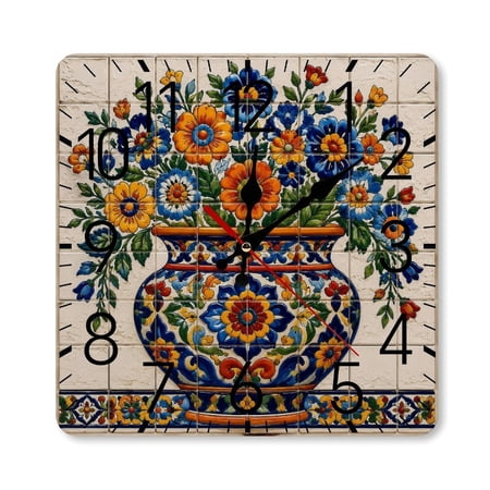 RKSupls 10×10inch Square Silent Wall Clock Wooden Frame, Talavera Flower Vase Ceramic Tile Pattern Scale Decorative Clock for Home Bedroom Living Room Office