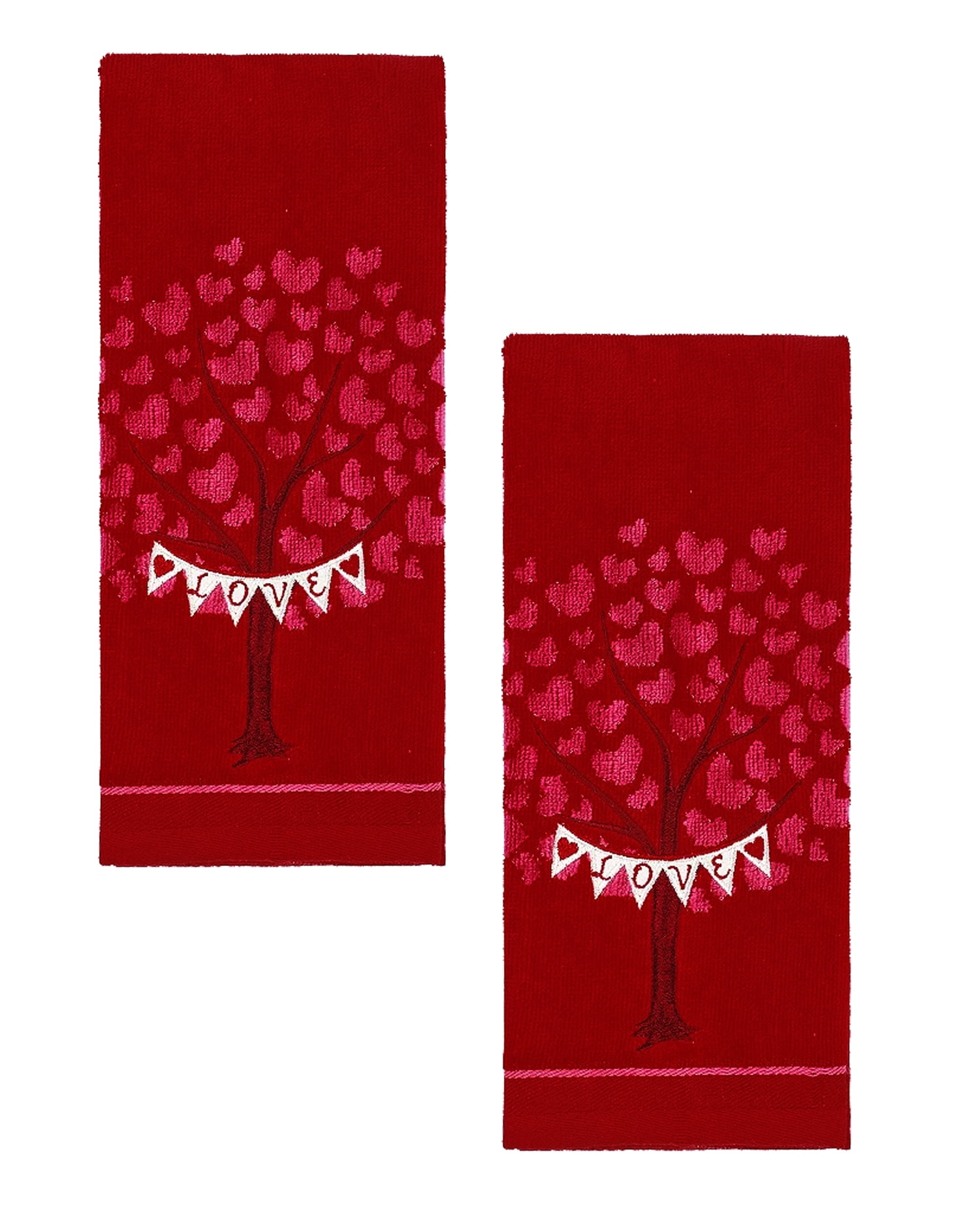 Celebrate  Valentine Bath Hand Towels Red Tree of Love Hearts Bathroom 2 Pieces