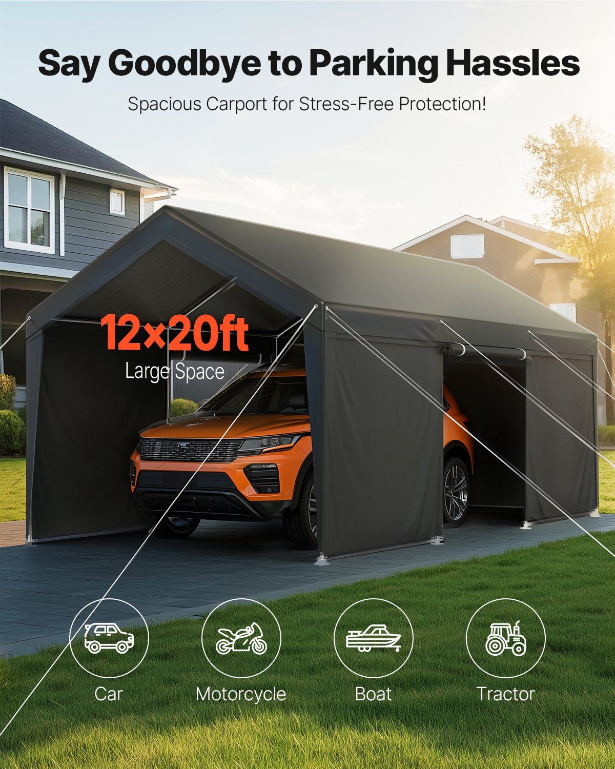 12x20FT Heavy Duty Carport Canopy - Grey Outdoor Car Shelter with Sidewalls, Galvanized Steel Frame & Waterproof Cover - Vehicle Protection for Cars, Trucks, SUVs & RV Storage