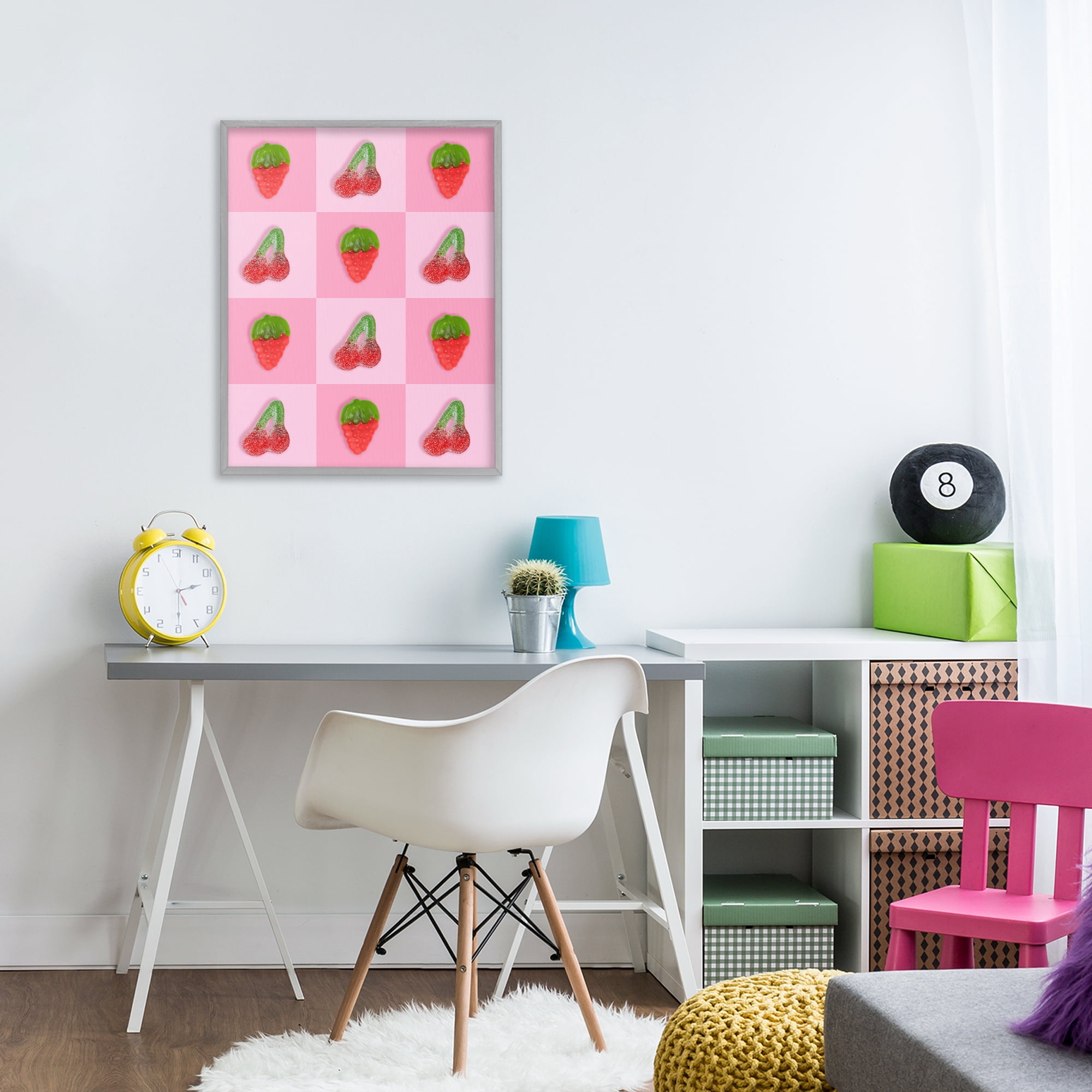 Stupell Industries Gummy Strawberry and Cherry Checkerboard Gray Framed Giclee Art, design by LISH Creative