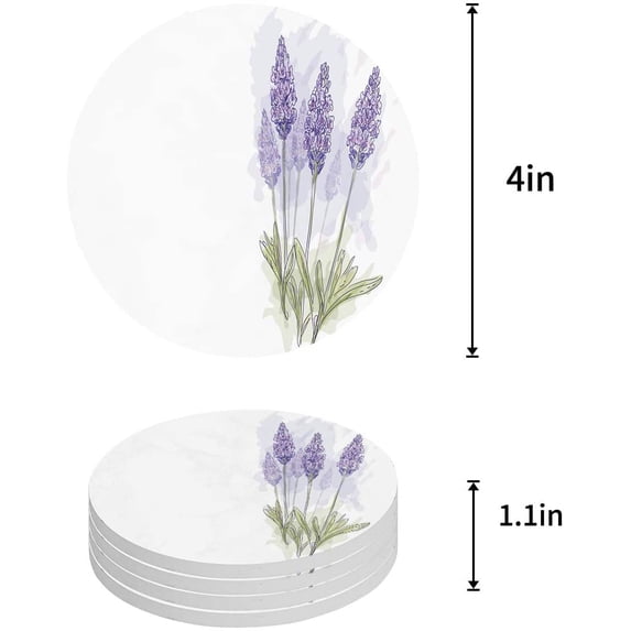 FMSHPON Lavender Set of 4 Round Coaster for Drinks, Absorbent Ceramic Stone Coasters Cup Mat with Cork Base for Home Kitchen Room Coffee Table Bar Decor