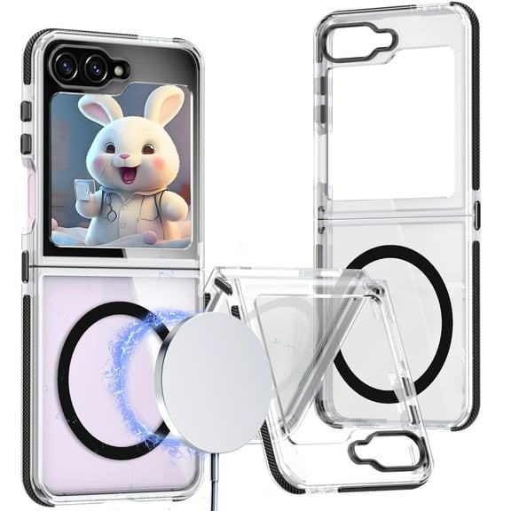 CCSamll for Samsung Galaxy Z Flip 6 Case Clear with Metal Buckle Link, Compatible with MagSafe [Crystal Anti-Yellowing] Slim Thin Case Cover Support Wireless Charging for Galaxy Z Flip6 TM Black