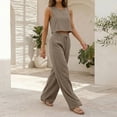 thumbnail image 5 of Linen Look Two Piece Set for Women, Sleeveless Crop Top & Wide Leg Pants with Pockets - Summer Casual Lounge Outfit Khaki XL, 5 of 7