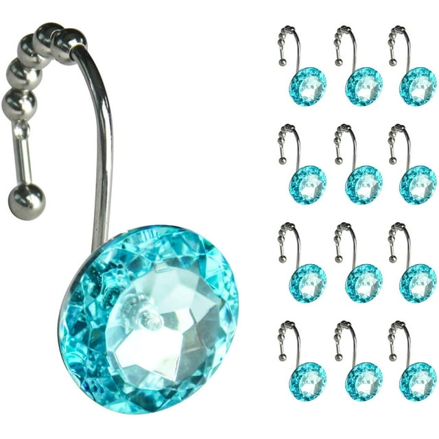 Gancho para cortina de ducha con bola deslizante y joya de diamante turquesa redonda, paquete de 12