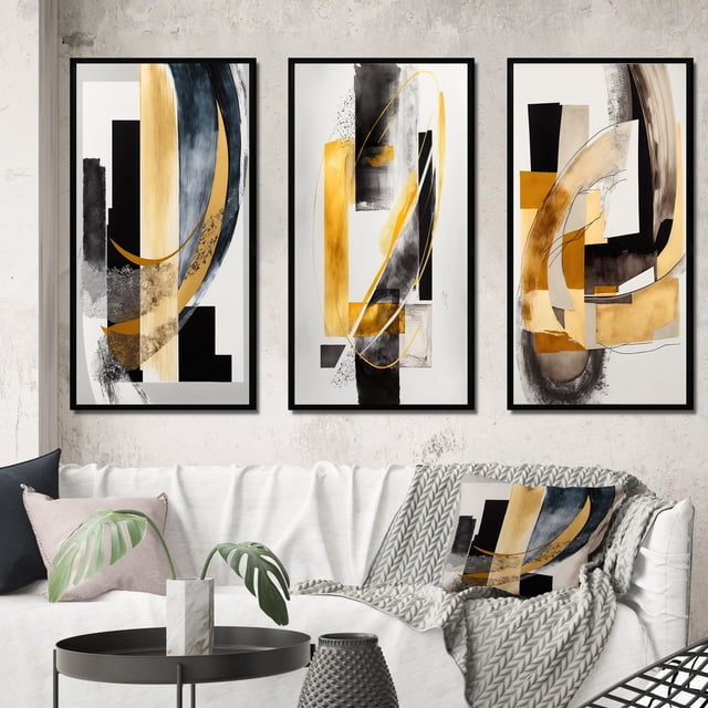 Designart "Glamorous Art Deco Abstraction I" Abstract Framed Wall Art Set Of 3 - Black Transitional Frame Gallery Wall Set For Home Decor