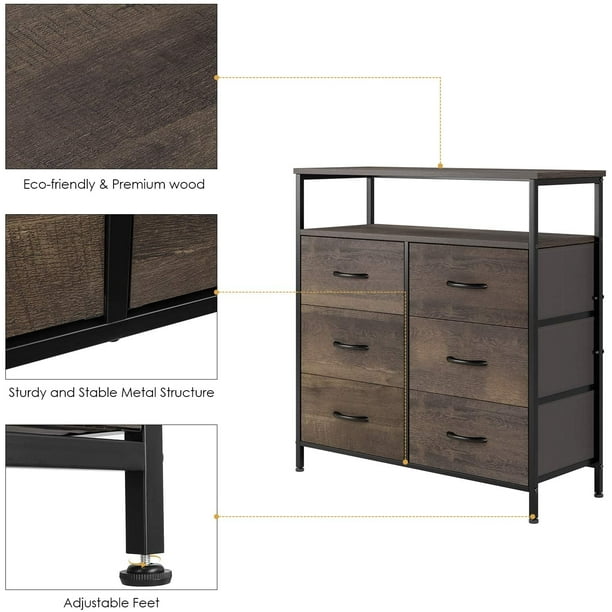 Amazon.com: Furmax 6 Wood Drawers Dresser for Bedroom, Double Dresser for  TV up to 65 inch, TV Stand Storage Chest of Drawers for Living Room Hallway  