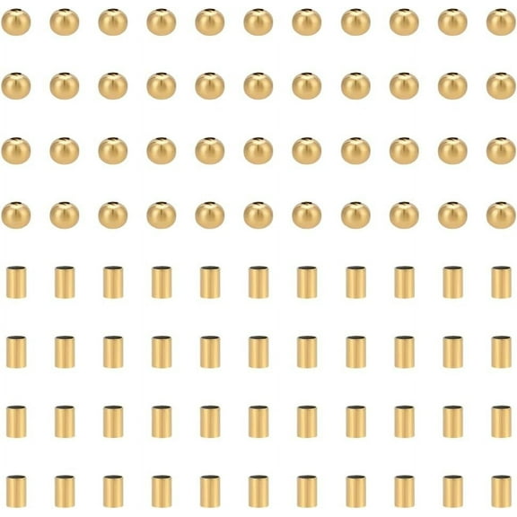 200Pcs Real 18K Gold Plated Round Spacer Beads and 200Pcs Long Tube Beads 2mm 3mm 304 Stainless Steel Loose Beads Morse Code Bracelet Making Kit Smooth Beads for Jewelry Making Gold