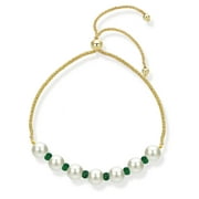 Bolo Bracelet with Freshwater Cultured Pearl and Emerald Gemstones 14k Yellow Gold Tennis Bracelet