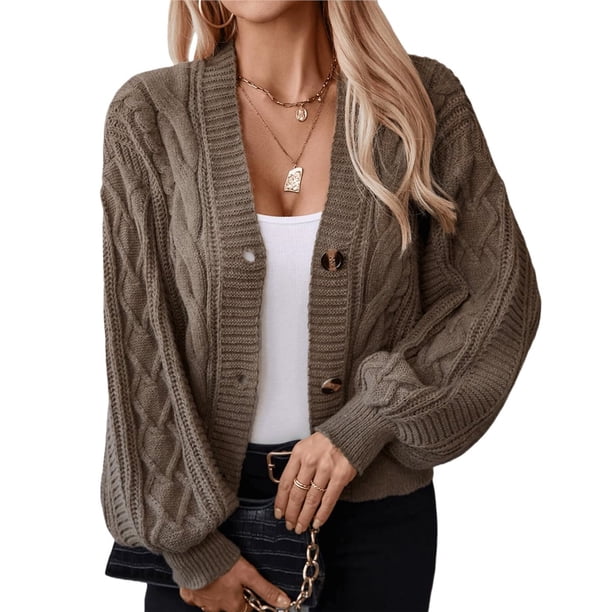 Suéter Informal de Punto Grueso con Mangas Abullonadas para Mujer, Cuello Chal, Cárdigan Abierto Al Frente Color Camello M