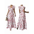 thumbnail image 3 of Women'S A Line Dress with Tie Waist Floral Print Beach Vacation Party Short Sleeve Ruffle Elegant Red M, 3 of 7