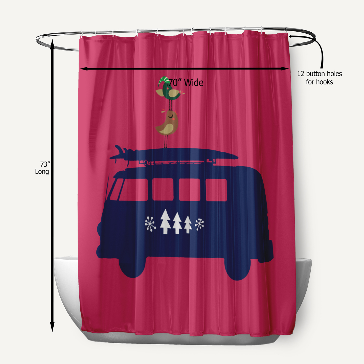 Simply Daisy 70" W x 73" L Christmas Surf Bird Polyester Shower Curtain, Holiday Pink [1 Ct]