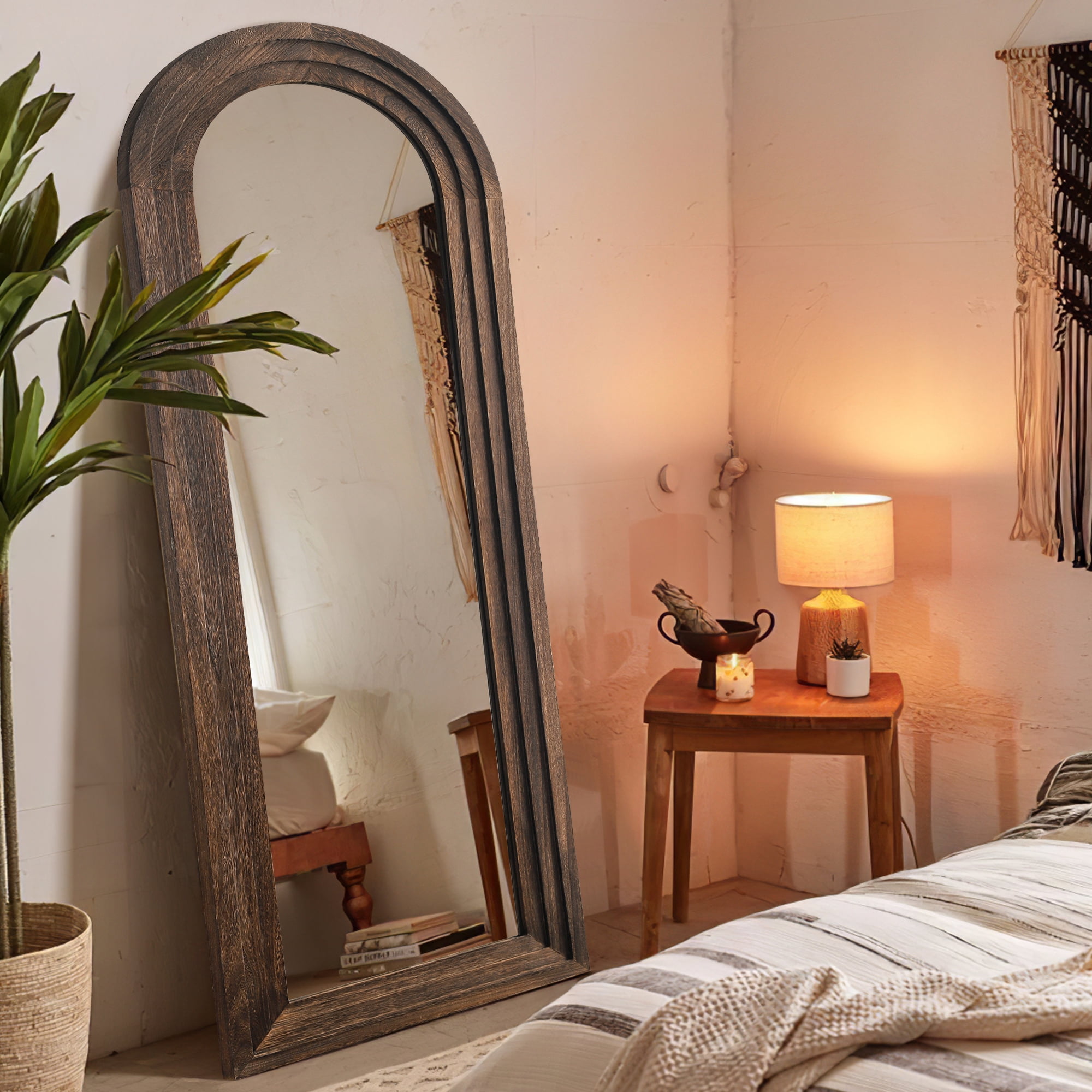71"x31" Wood Ladder Arched Floor Mirror Full Length Mirror,Charcoal
