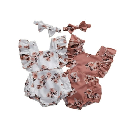 

Calsunbaby Infant Baby Girls 2PCS Clothes Set Floral Printed Pattern Square Collar Sleeveless Romper Headdress