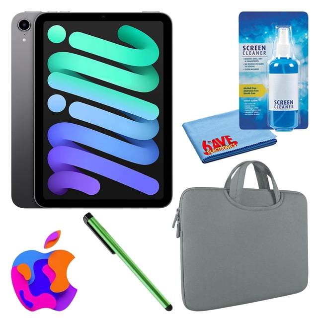 Paquete Apple iPad Mini 6 (2021, 256 GB, Wi-Fi, gris espacial) (MK7T3LL/A) con funda con cremallera gris oscuro + kit de limpieza de pantalla