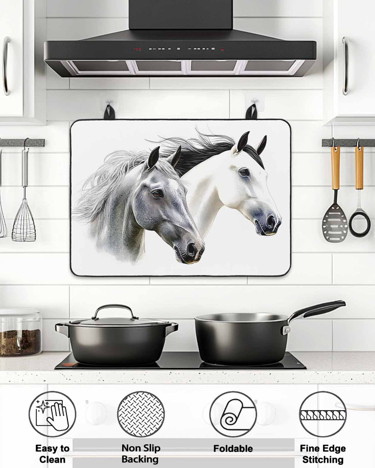 Stove Top Covers for Electric Stove, Horse Print Glass Stovetop Cover Protector, Modern Watercolor Grey White Animals Induction Cooktop Protector Oven Mat for Kitchen Countertop 24"x21"