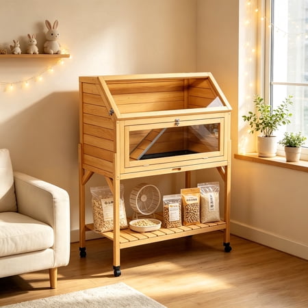Chew Proof Wooden Hamster Cage with Storage Shelf, Movable 2 Tier Hamster Enclosure with 3 Acrylic Window, Natural