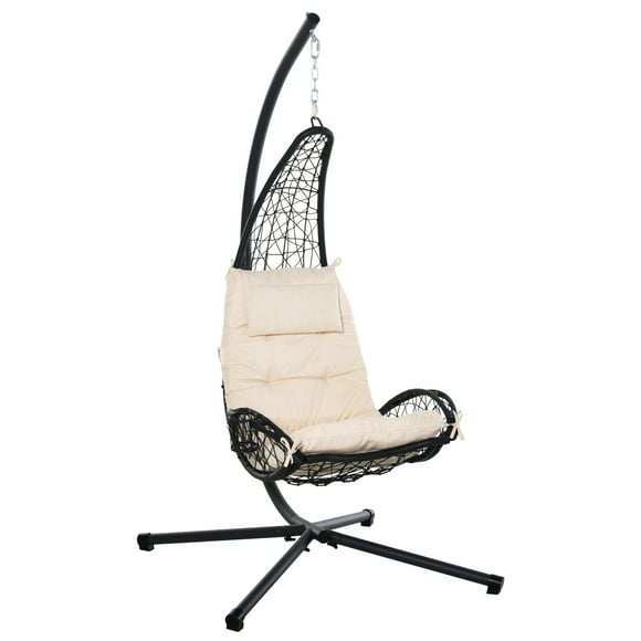 Outdoor Patio Wicker Hanging Egg Chair with Stand, Hammock Swing Chair with Cushion and Pillow, swing Chair with Stand, Cup Holder for Backyard, Garden, Porch, Beige
