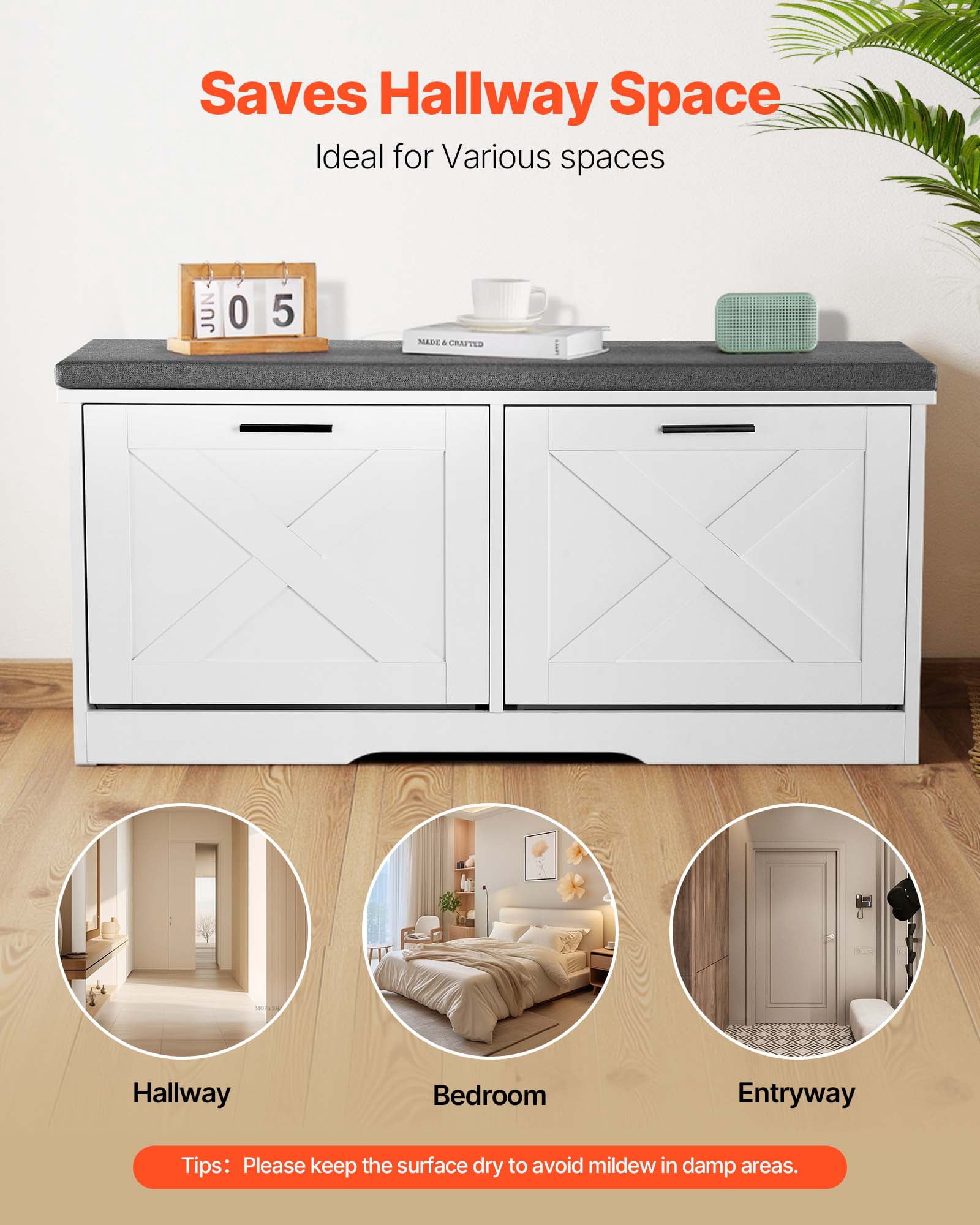 VEVOR Entryway Shoe Storage Bench, 39.4 x 12.0 x 18.7 Inch Shoe Organizer with Flip Drawers, 440lbs Narrow Shoes Rack Bench with Cushion & Flip Doors, for Hallway, Living Room, Bedroom, Black + White
