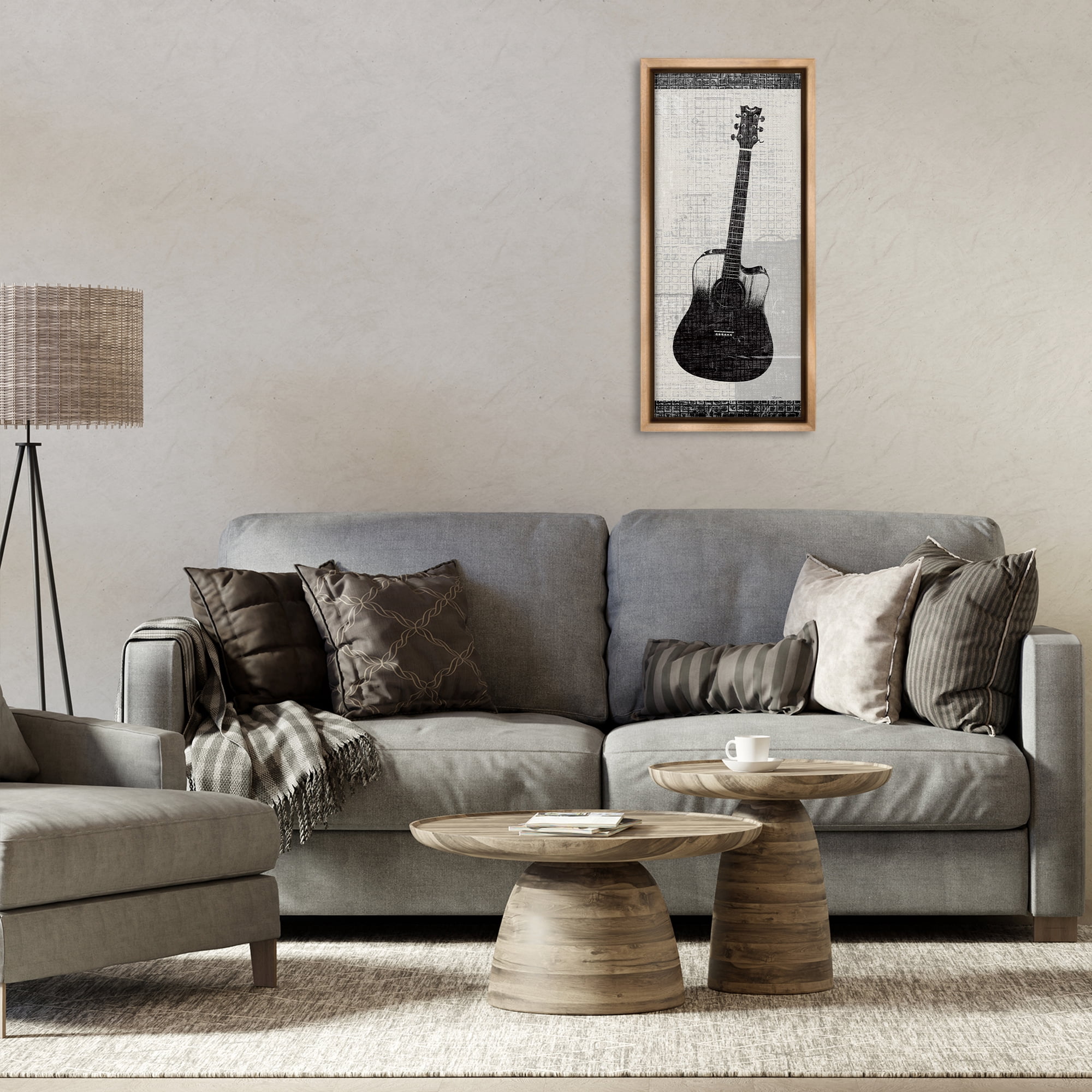 Stupell Industries Patterned Acoustic Guitar Performing Arts Painting Brown Floater Framed Art Print Wall Art, 15 x 31