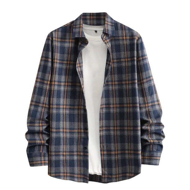 Blusa y camisa de manga larga con cuello vuelto para hombre, informal, con botones y bolsillos, camisa de manga larga a cuadros, abrigo de lino para hombre