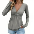 thumbnail image 3 of Aboser Womens Deep V Neck Tunic Shirts Trendy Twist Front T-Shirt Slim Fit Long Sleeve Tops Ruched Hide Belly Tunics Casual Solid Color Tee Shirts Gray S, 3 of 9