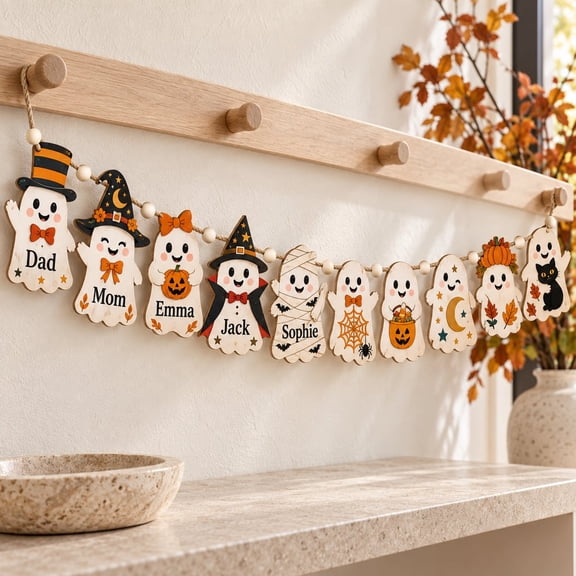 Garland, Personalized Vintage Ghost and Pumpkin, Wood Door Hanger for Halloween
