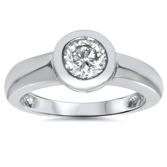 Pompeii I/SI1 1ct Solitaire Round Bezel Diamond Engagement Ring 14K White Gold Size 6