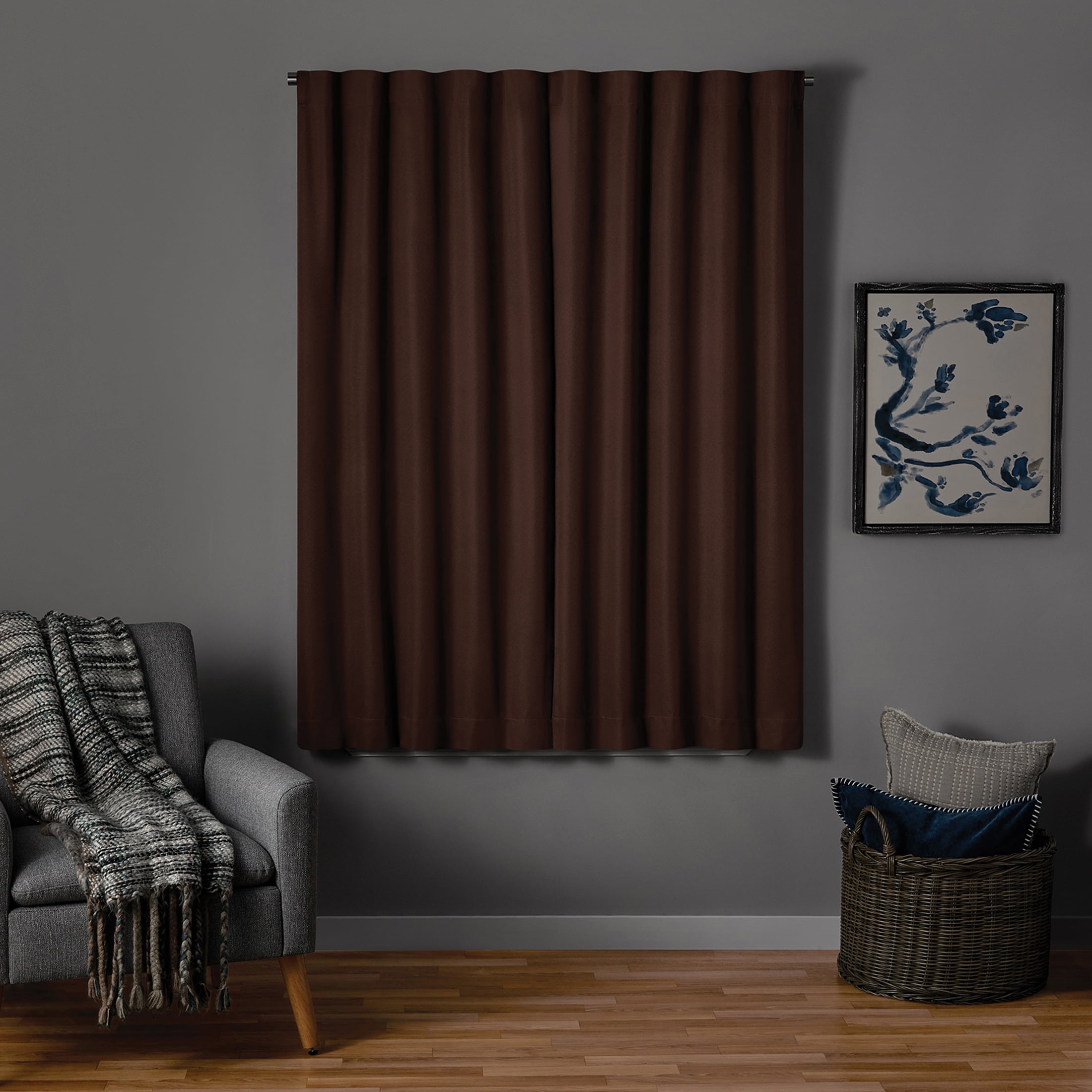 Mainstays Brown Solid Blackout Rod Pocket with Back Tabs Curtain Panel Pair, Set of 2, 30" W x 63" L