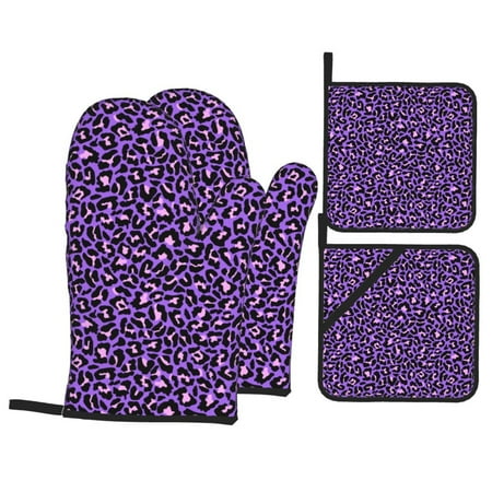 

Oven Mitts and Pot Holders 4 pcs Set Purple Leopard Heat Resistant Pot Holders Oven Mitts for kitchen Non-Slip Hanging Loop Oven Glove Potholders for Baking Cooking