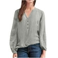 thumbnail image 1 of AherBiu Hauts à Manches Longues pour Femmes Blouse en Coton et Lin Demi-Boutonnage Col en V Hauts de Sortie pour Femmes, 1 of 5