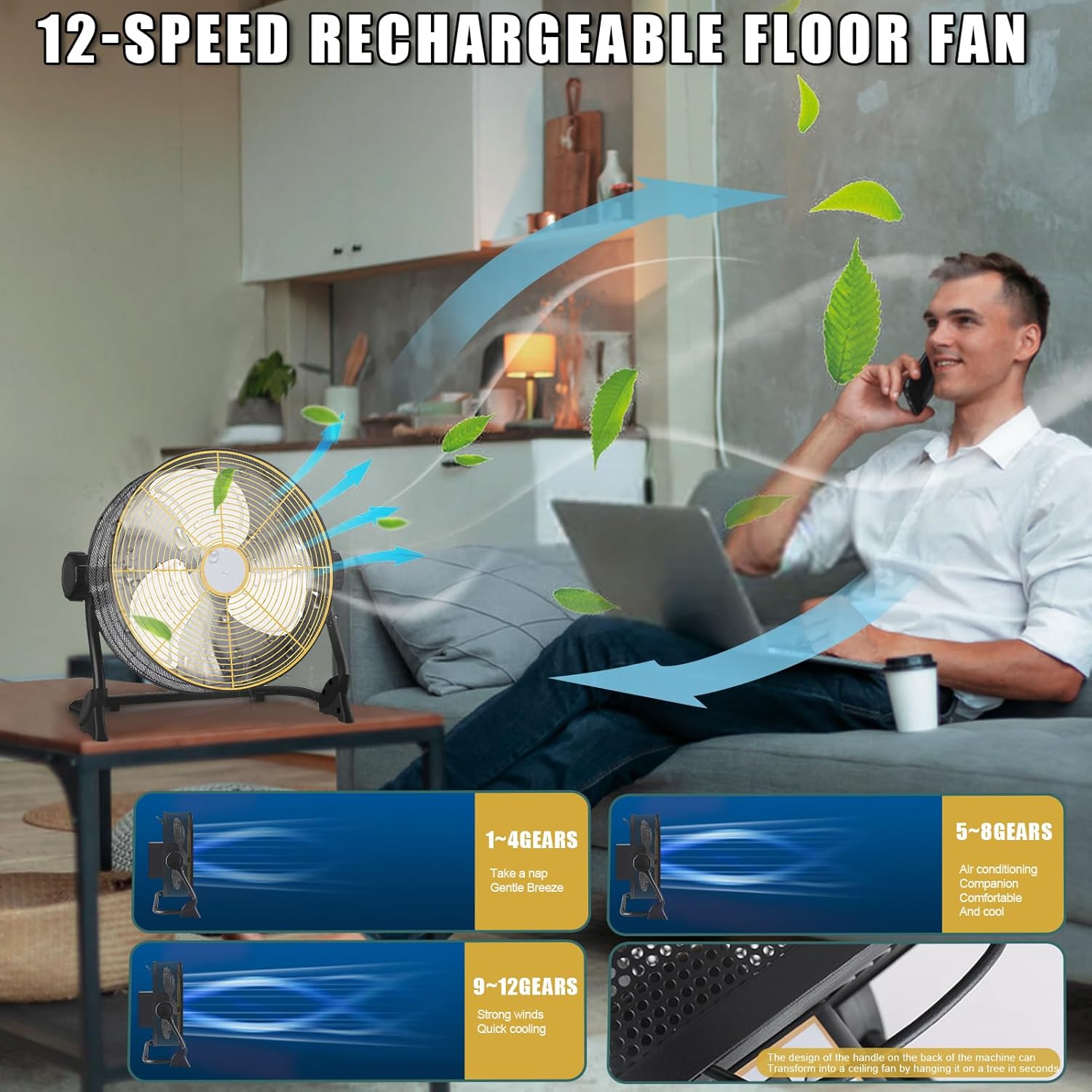 Large Rechargeable Battery Powered Fan,12'' Portable Battery Operated Fan,20000 mAh Cordless Floor Camping Fan for Outdoor,DC 24V,6-32 Longer Running Time, High-Velocity 5.8 m/s (Black&Yellow)