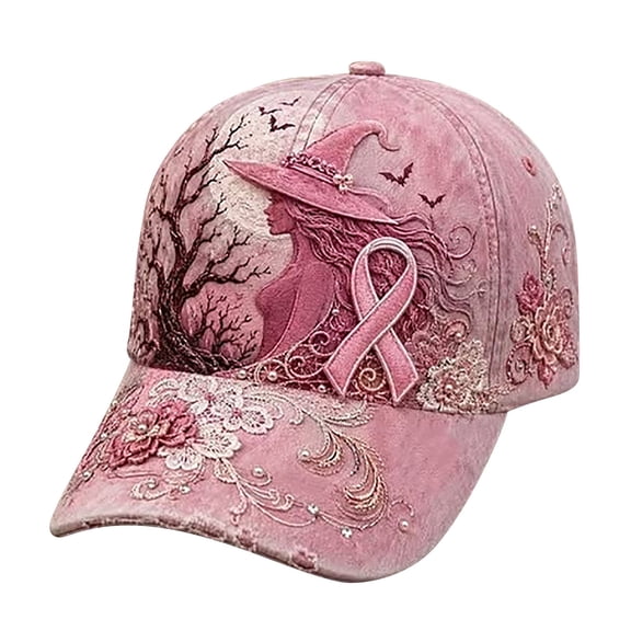 MEICHEN Breast Cancer Awareness Baseball Cap for Women Fashion Witch Rose Ribbon Printed Trucker Hat Adjustable Retro Halloween Sun Hat