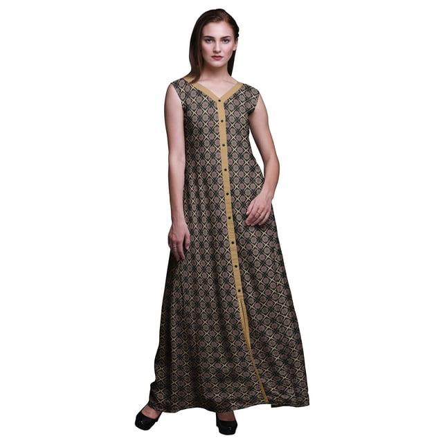 Bimba Geometric Printed Front Slit Sleeveless Summer Spring Long Women BeachDress-X-Small