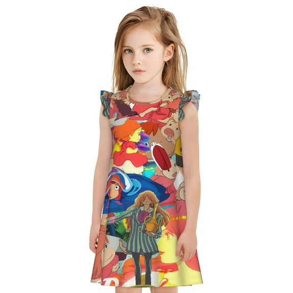 Girls Ponyo Princess Gown Dress Cartoon Printed Home Casual Wear Birthday Gift for Kids
