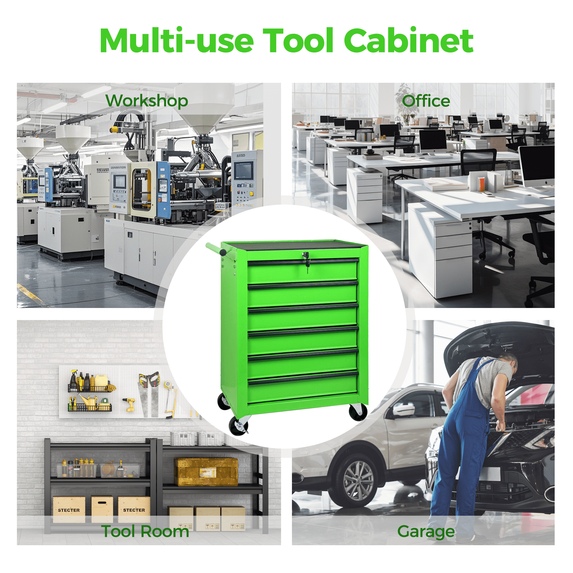 6 Drawer Tool Chest Cabinet with Ball Bearing Drawer Slides,20"W Rolling Metal Tool Chest with 6 Drawers,Steel Tool Storage Box Organizer,Green