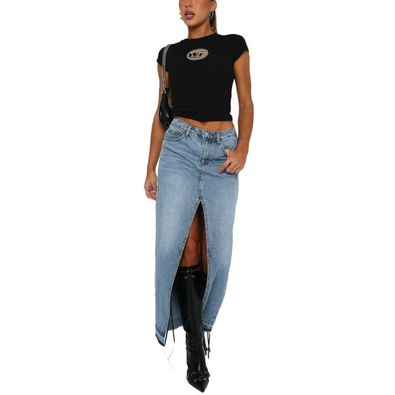 Michellecmm  Women Denim Skirt Solid Color Summer Casual Elastic Split Skirt
