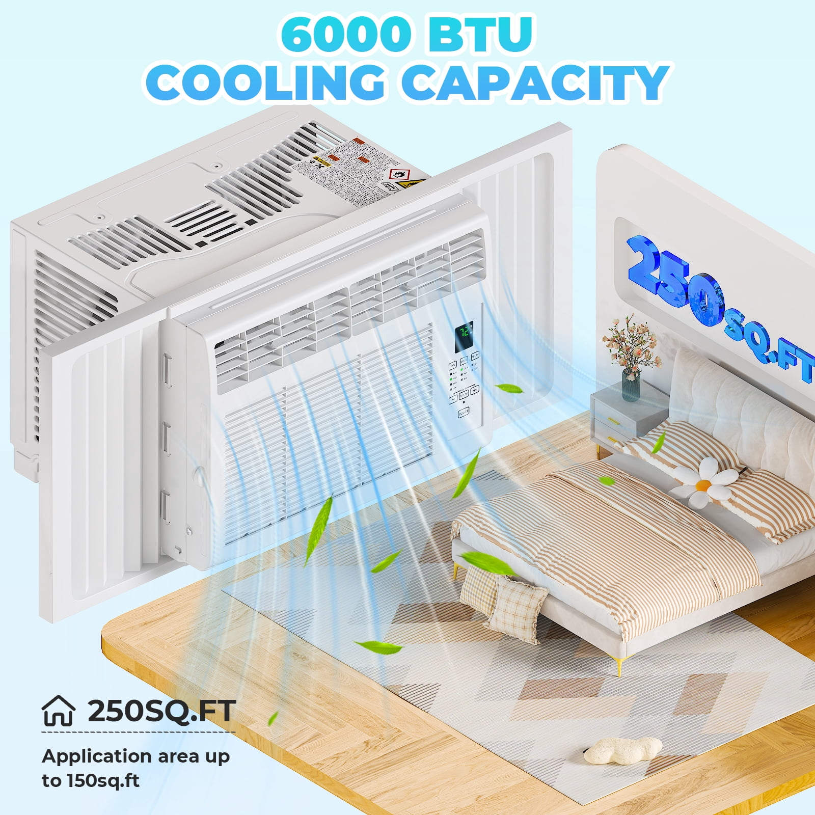 Ktaxon 6000 BTU Window Air Conditioner, 3-in-1 Cool/Fan/Dehumidifier Window AC Unit, Easycool Air Conditioner with Remote Control, Cools up to 250 Sq. Ft., Fits bedroom, study, office