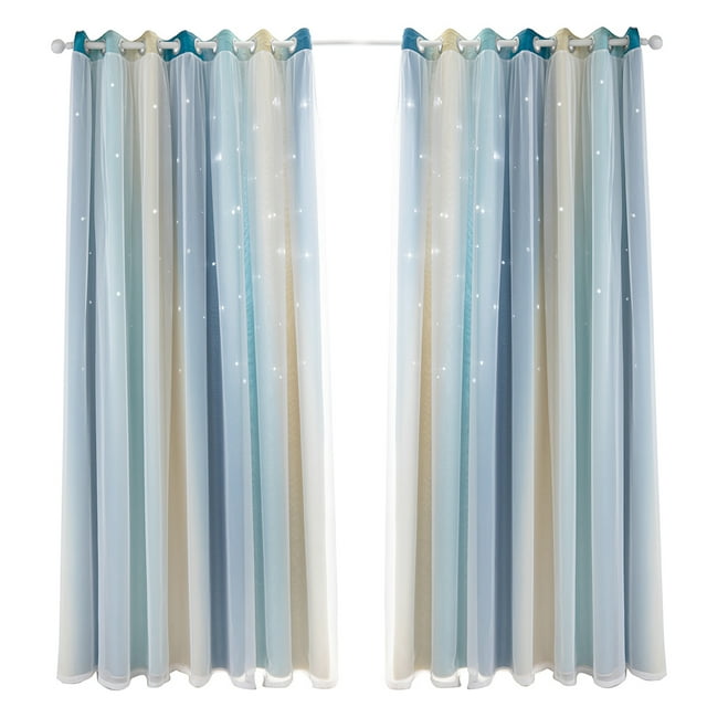 TFixol 2pc Curtain Simple Gradient Hollow-out Star Pattern Double Layer Blackout Bedroom Living Room Insulation Curtain