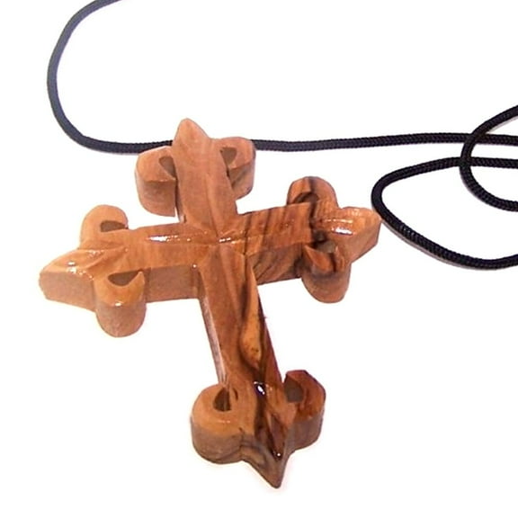 Very Thick hand carved olive wood Fleur-de-lis Cross - necklace - (2.8x2.4x.5 inches) with Certificate