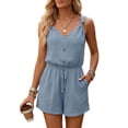 thumbnail image 2 of Womens Romper Sleeveless Spaghetti Strap Linen Overalls V Neck Button Front Drawstring Waist Jumpsuit Shorts with Pockets Sky Blue S, 2 of 4