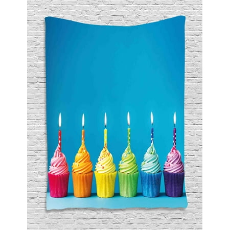 Birthday Decorations Tapestry, Cupcakes in Rainbow Colors with Candles Fun Homemade Party Food Sweet, Wall Hanging for Bedroom Living Room Dorm Decor, 60W X 80L Inches, Multicolor, by Ambesonne