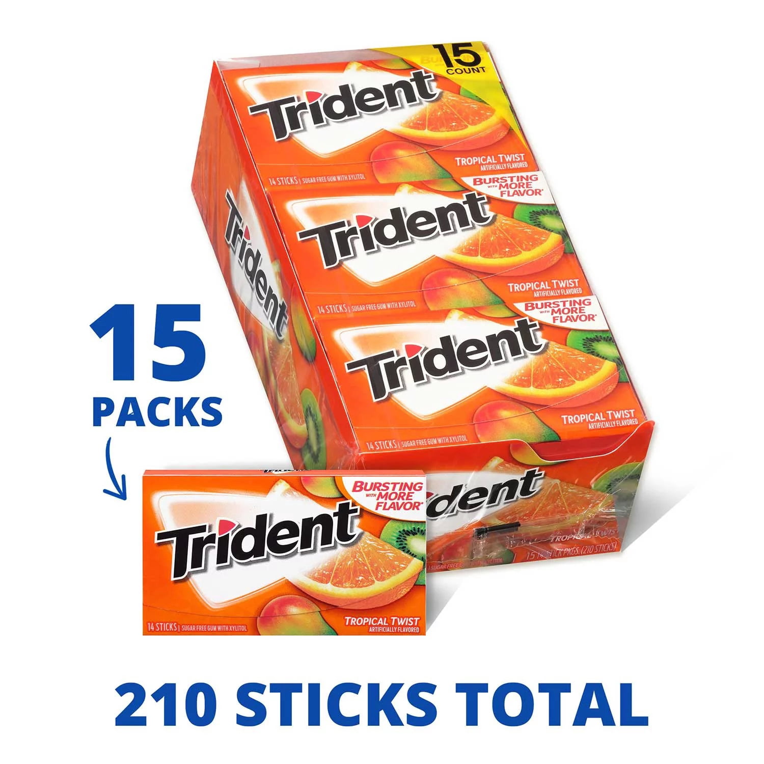 Trident Tropical Twist Sugar Free Gum, 14 Pieces (Pack of 15, 210 Pieces Total)